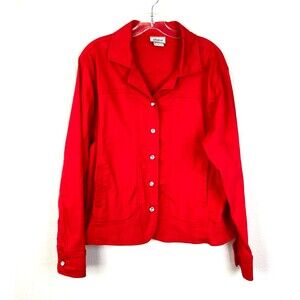 Distinct Women's Stretch Denim Jacket Size L Red Swarovski Crystal Buttons